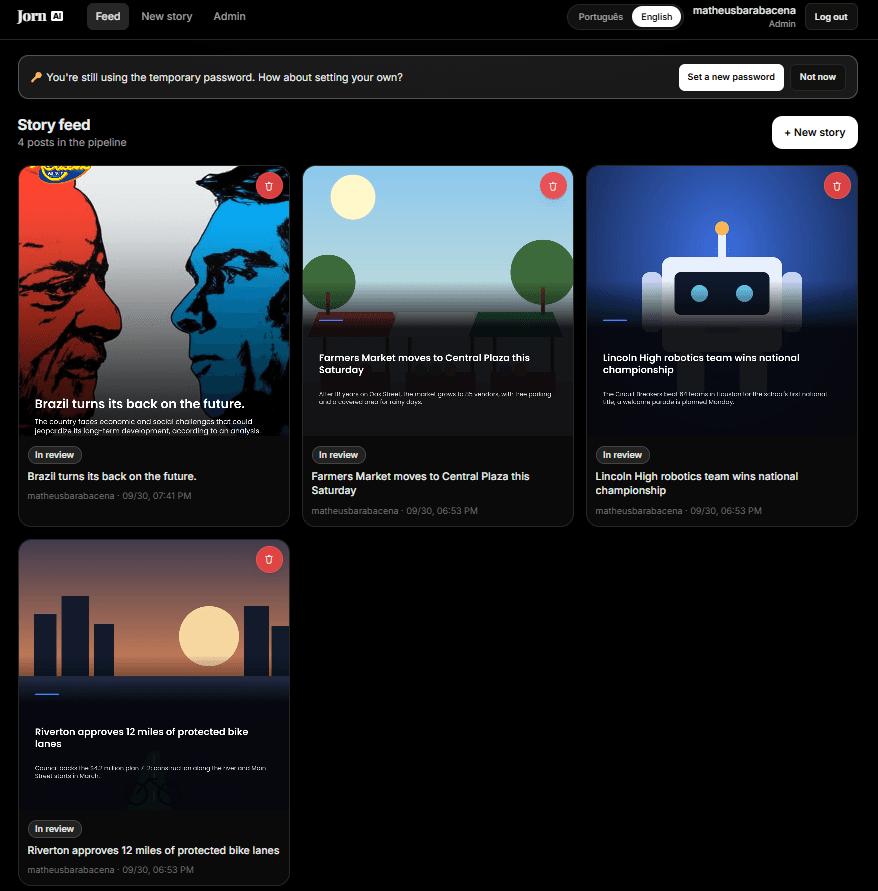 Feed de pautas com posts em revisão