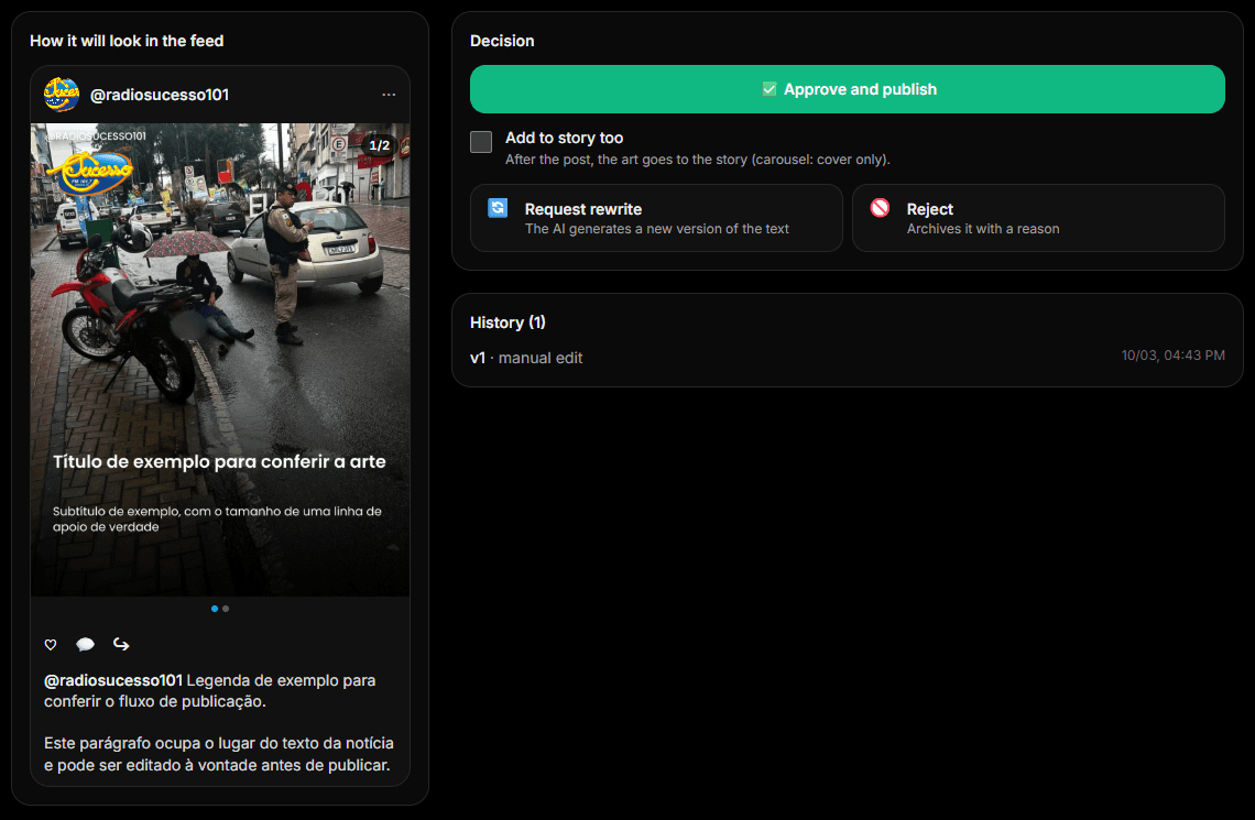 Tela de revisão com a prévia do carrossel e a opção de adicionar ao story