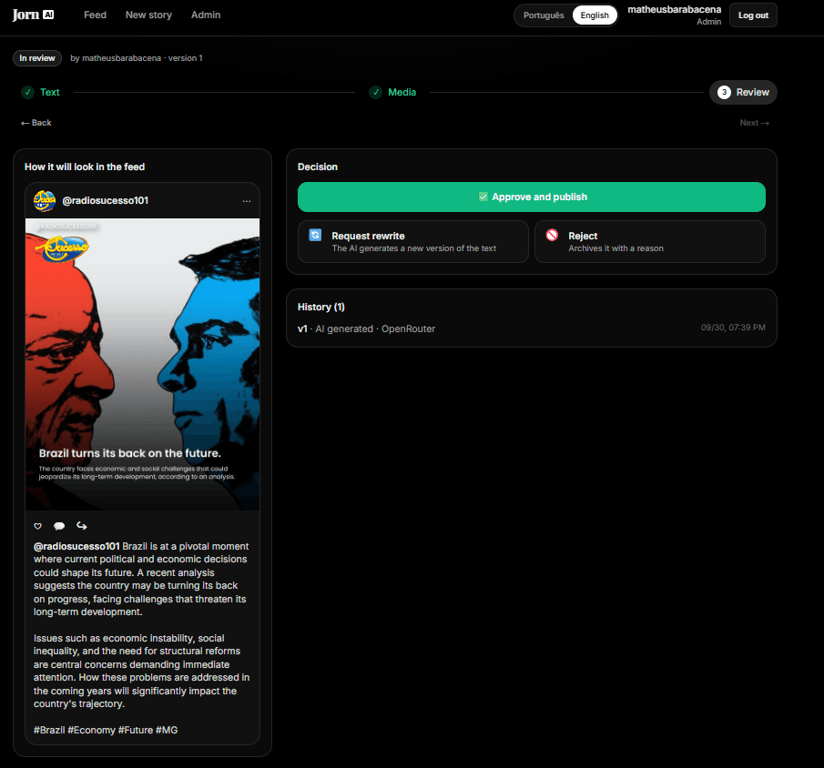 Review screen with an Instagram-style preview and the approve, rewrite and reject actions